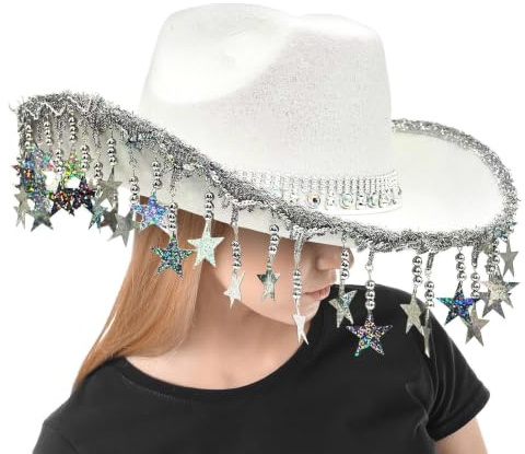Yuemeuy Cowboyhüte Für Damen Im Western-Stil,Glitzer Cowgirl Party Hut - Kopfbedeckung mit Sternquasten und Sonnenschutz für Boho Hochzeit, Konzert, Country Events, Cosplay, Reisen, Farm und Foto