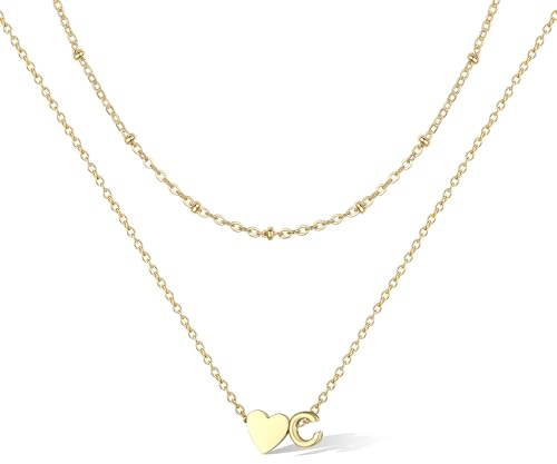 Bestyle Collar Inicial Letra A-Z Colgante Corazon Dorado Choker Gargantilla Fina Doble Capa Cadena 35.5cm y 40.6cm Joyas Mujer Chica Madre Hija Novia Amiga