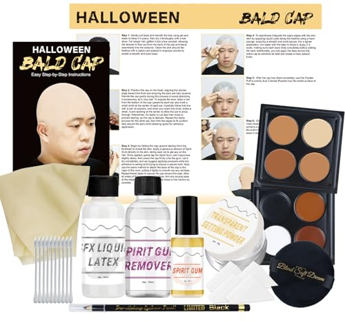 Actabostte Halloween Bald Caps Costume Kit for Woman & Men - Realistic Latex Bald Cap with Adhesive Glue & Remover - Complete Makeup Set for Halloween, Zombie, Cosplay, Costume, SFX, Dress-Up Party