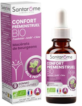 SANTAROME Gemmo Confort Prémenstruel Bio - Cycle Féminin - 30 ml - France | Trio de bourgeons : Framboisier, Airelle, Chêne - Bio, frais & cueillis à la main en France - 25 gouttes par jour