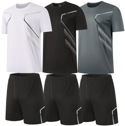 BUYJYA 3 Pack Men's Gym Shorts Shirt Set Workout Athletic Basketball Running Football Elastic Waist with Pocket Gifts