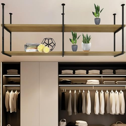 Contemporary Ceiling Mount Shelf Hanging Plant Flower Stand Floating Decorations Display Shelves 2 Layer Overhead Storage Rack Wine Holder, Wood and Iron(110x30x80cm)