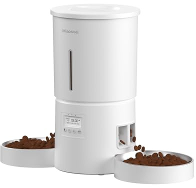 Miaosical Automatic Cat Feeder with Dual Bowls,4.2L Timed Dry Cat Food Dispenser,Programmable Timer & Portion Control,Voice Recording,Double Power Supply (White, 4.2L Stainless Dual Bowl)