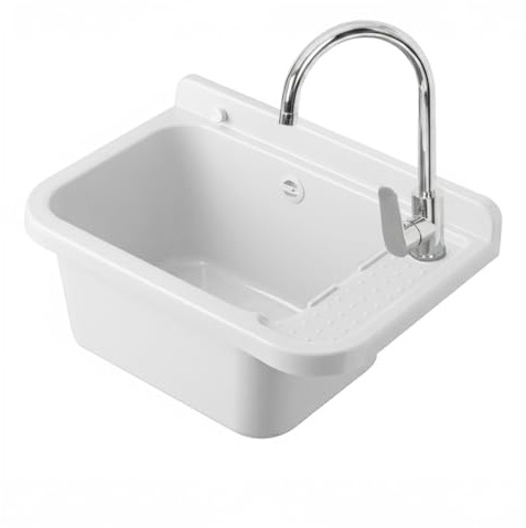 Set Pilozzo Sospeso 50x34 Cm Bianco - Vasca Lavatoio In Resina Resistente Agli Acidi Con Porta Sapone - INCLUDE Miscelatore Canna Alta Cromo In Acciaio INOX E Kit Scarico