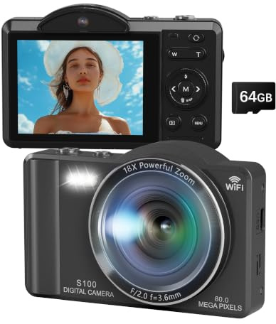 5K 80MP Digitalkamera Kamera, Digital Kamera für Vlog mit WLAN, 2.8 Kompakte Kamera für Anfänger, 18X Digitalzoom, Autofokus, mit 64GB Karte, 2 Akkus, Fotoapparat für YouTube Anfänger Erwachsene