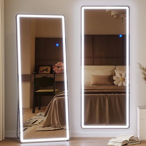 ZKIODV 165x65cm Espejo de pie Cuerpo Entero LED, Grande Espejo de Pared con Luz, Espejo de Cuerpo Entero Rectangular, Suspensión Vertical y Horizontal, Espejo Vestidor para Dormitorio, Salón (Negro)