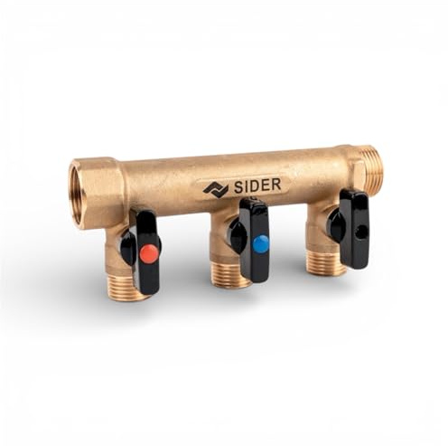 SIDER Collecteur plomberie en laiton CW617N 2 sorties avec mini-vannes intégrées entrée femelle 3/4 sorties mâles 1/2 compatible eau potable ACS sanitaire et chauffage (3 sorties)