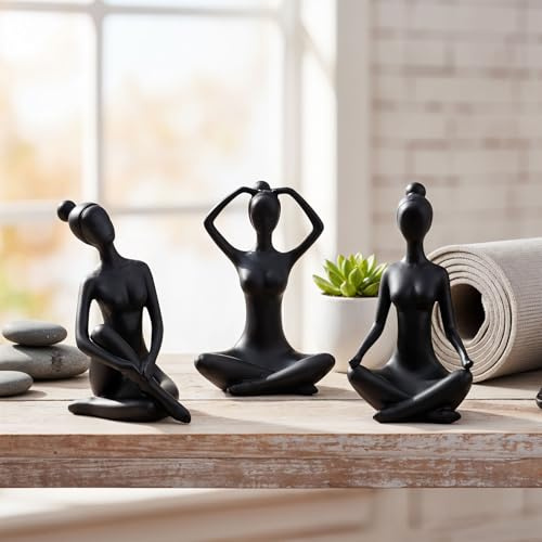 levandeo 3er Set Yoga Deko Frau Figur Schwarz Dekofigur Yogapose Geschenk Skulptur Wohndeko Regaldeko Deko Yogaraum