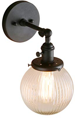 PathsOn Industrielle moderne Wandleuchten, Vintage-/Retro-Stil, für Loft-Bar, Küchenleuchter, Lampenfassung mit geriffeltem Globus, klarer Glas-Lampenschirm, 15 cm, Schwarz