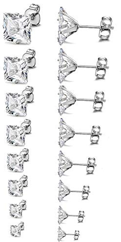 Flongo damörhängen män stiftörhängen män kvinnor, 16 stycken 3–10 mm rostfritt stål stutning plugg örhängen svart vit kvadrat rektangel CZ zirkon zirkon charm elegant set (8 par), Rostfritt stål
