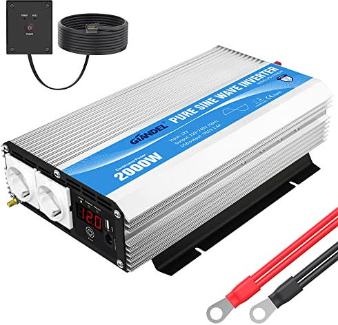 GIANDEL 2000W Wechselrichter 12V auf 230V Reiner Sinus Spannungswandler Kompatibel Lithium-Batterie, Für Wohnmobil, LKW, Zuhause, Off-Grid Solarstrom Umwandler-Inverter mit LED-Anzeige