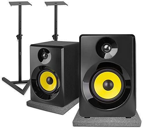 VONYX SMN40B Active Studio Monitor Speakers Pair 4 Professional Multimedia Speakers with Adjustable Floor Stands & Acoustic Isolation Foam Pads for Home DJ Recording Studio Mixing Mastering