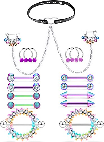 Ocptiy 14G Nipple Rings Piercing Jewelry for Women Surgical Stainless Steel Horseshoe Chain Sexy Nipple Necklaces Choker Chain Shield Barbell Ring Hoop Bar Nipplerings Body Piercing Jewelry for Women