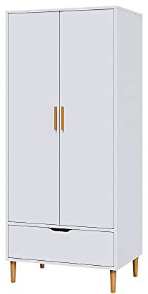 Panana Modern 2 Door Wardrobe Clothes Closet with Wood Leg Wooden Clothes Cabinet Furniture Unit with Hanging Rail Storage Drawer Bedroom White