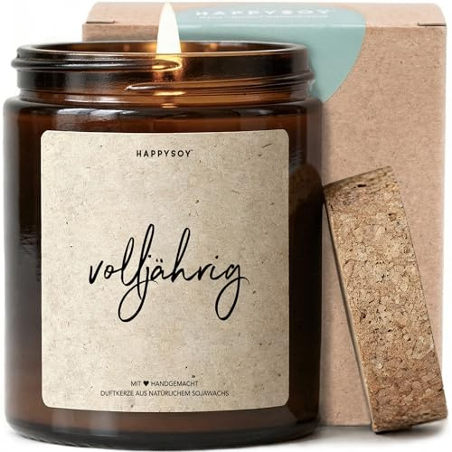 Volljährig - Duftkerze mit Spruch als Geschenk zum 18. Geburtstag, liebevolle Geschenkidee für Frauen und Männer, Kerze im Glas mit blumigem Duft