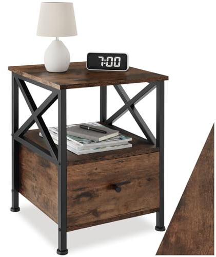 tectake® Nachttisch mit Schublade, Nachtkästchen Holz und Metall, Kleiner Schrank, Beistelltisch, Blumenständer, Deko Wohnzimmer Möbel, Nachtschrank mit Ablagen - Industrial Dunkelbraun