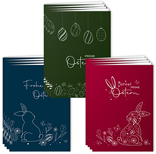 Osterkarten mit Umschlag Set 12 Stück aufklappbar Frohe Ostern Grußkarten in A6 Klappkarten in Blau Rot Grün One Line Art modern Happy Easter Oster Karten Kartenset Umschlag hochwertig