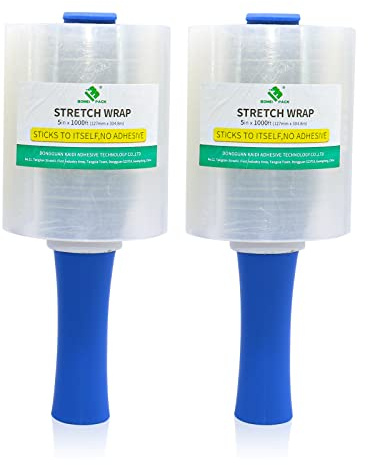 BOMEI PACK 2 packs Mini stretch wrap film with 2 handles,transparent Mini Shrink Film 5 inch 1000 ft 80 Gauge Self Adhering to Secure objects for Moving,Packing,Storage,Heavy Duty Shrink Film