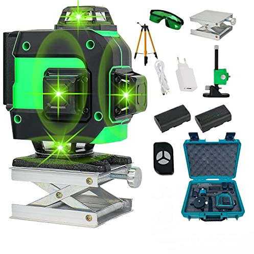 Livella Laser Multifuzionale 16 Linee Orizzontale e Verticale 3D 4 X 360° a Croce Tracciatore Autolivellante Linee Verde Con Supporto Treppiede Base magnetica due Batterie Telecomando e Caricatore USB
