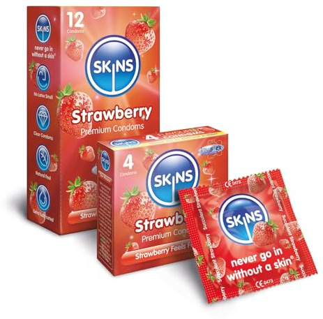 Premium Skins Erdbeergeschmackskondome Big Box – Ultradünne aromatisierte Kondome für Oral- und Geschlechtsverkehr – Kondome mit extra aromatisiertem Gleitmittel für extra Vergnügen – 100 Stück