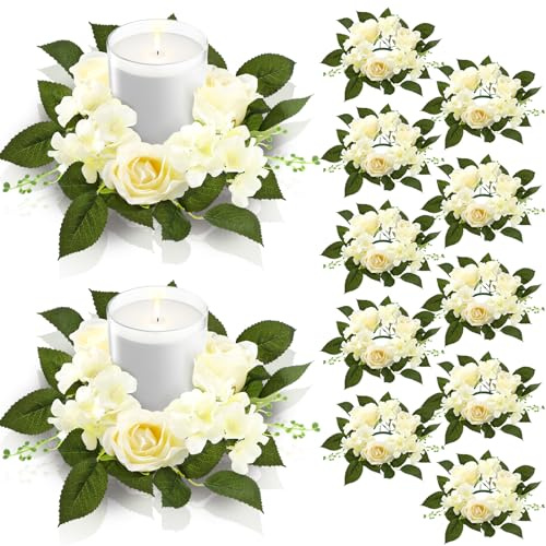 Jutom 12 Pcs Wedding Rose Candle Rings Artificial Floral Wreaths with Green Leaves Flower Candle Rings Candleholders Garland for Pillar Centerpiece Party Table Decor, 3.94'' Inner Diameter, White