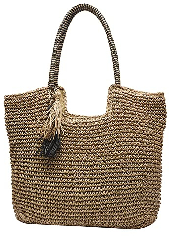 DKIIL NOIYB Strohtasche Strandtaschen für Frauen, Sommer gewebte Tragetasche Stroh Strandtasche mit Quasten Große Stroh Handtaschen