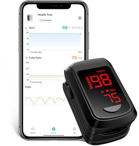 Blood Oxygen Monitor Bluetooth Pulse Oximeter, HOLFENRY Oxygen Monitor finger Adults CE Approved With App checking Heart Rate/Blood Oxygen Saturation Level/ SpO2 PI PR