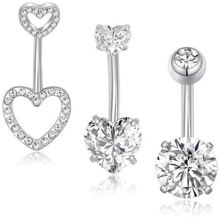 Gojewen 14G Piercing Ombligo 3 Piezas Acero Quirúrgico Plata Corazón Cristal Ombligo Piercing Joyas