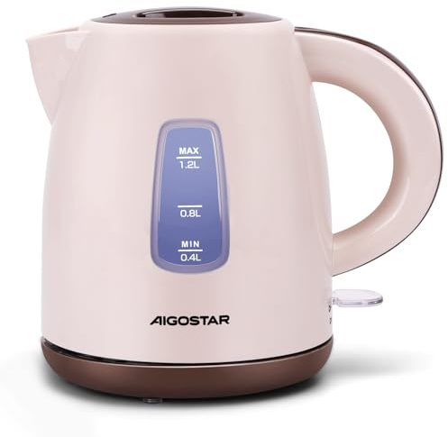 Aigostar Romeo X - Bollitore Elettrico Piccolo 1,2 Litri, 2200 Watt, Portatile Bollitore Acqua Elettrico con Filtro Anticalcare, Indicatore a Doppio Livello Kettle, Senza BPA, Base a 360°, Marrone