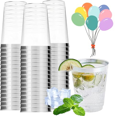 Mauepersu 50 bicchieri di plastica con argento, 280 ml, in plastica, riutilizzabili, eleganti bicchieri da vino per champagne e birra, cocktail, martini, soda dessert (argento)