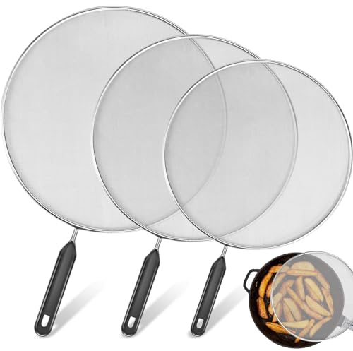 3Pcs Splatter Screen Guard for Frying Pan (25/29/33cm), Mesh Splatter Screen with Heat Resistant Handle, Stainless Steel Splash-Proof Splash Guard for Cooking Frying Pan