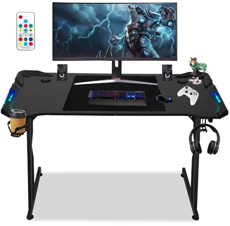 Ikodm Gaming Schreibtisch 140 x 60cm, Ergonomischer Gaming Tisch, Stabiler Gamer Tisch, PC Tisch Gaming mit Kohlefaserbeschichtung, Computertisch mit Getränkehalter und Kopfhörerhaken, Schwarz
