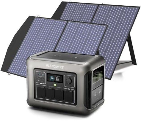 ALLPOWERS Solargenerator R1500, 1152Wh Powerstation mit SP027 2x 100W Solarpanel, AC-Schnellladung 0-80% in 40 Minuten, 4x 1800W AC-Ausgänge, 2x 100W PD, ideal für Camping und für Notfälle zu Haus