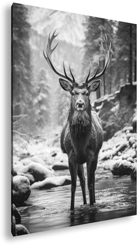 Leinwandbild Majestätischer Hirsch in winterlicher Flusslandschaft Format: 60x40 cm Effekt: Schwarz&Weiß XXL Kunstdruck Bild auf Keilrahmen/Wandbild/Wohnzimmer Deko