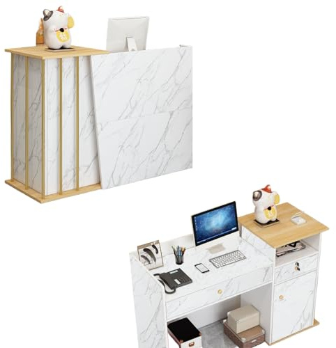 Empfangstheke Salon Kosmetikstudio 120cm Weiss Gold, Rezeptionstheke Hotel, Weiß Empfangsthek Verkaufstheke Fachmann Theke BüRo Rezeption, Laden, BekleidungsgeschäFten, Firmenhallen, Laden-Theke