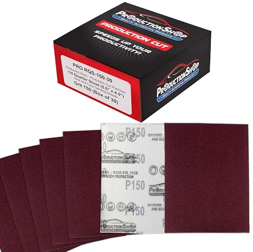 ProductionShop Premium Red 150 Grit 1/4 Sheet Size Red Sanding Sheets, Box of 30 - Hook & Loop Backing Sandpaper, Medium-Cut Abrasive - Fits Palm Sanders, Hand Sanding Blocks - Woodworking, Auto Paint
