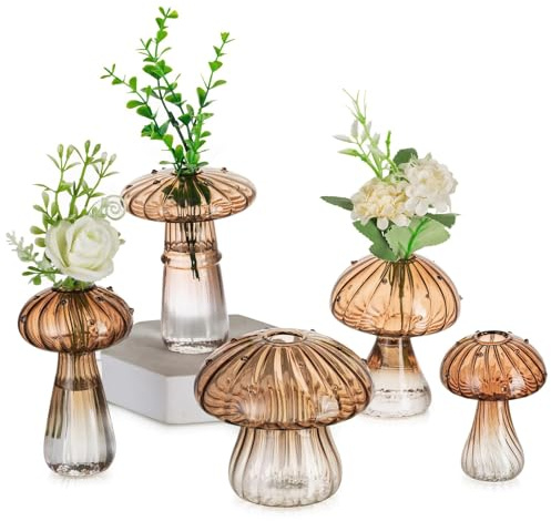 Glasseam Pilz Kleine Vasen für Deko: Vase Klein Glas Propagation Station | 5er Braun Mini Blumenvase, Wohnzimmer, Esstisch, Fensterbank, Home Deko, Geschenk für Mama Freunde Pflanze Liebhaber