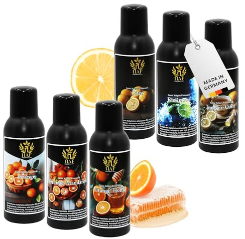 HAF Saunaaufguss Set „Zitrusfrüchte“ - 6 x 100ml Sauna Aufgussmittel Citro, Eislimone, Ingwer-Citro, Orange, Orange Mandarine, Orange-Honig - Saunaduft mit natürlichen ätherischen Ölen & ohne Zusätze