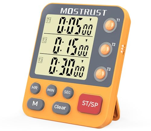 Digitaler Dual-Küchentimer, 3-Kanal-Countdown-Dreifach-Timer zum Kochen, großes Display, einstellbare Alarmlautstärke, magnetischer Stoppuhr-Timer für mehrere Lebensmittel Orange