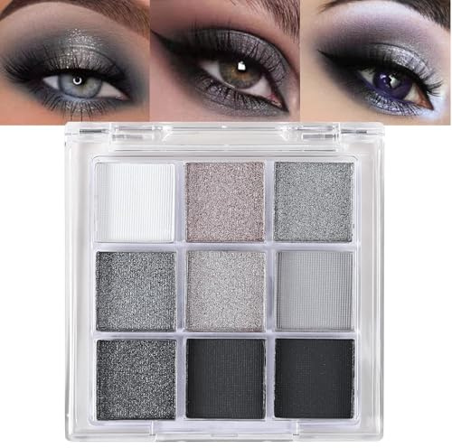 Lilbitty 1er Set 9 Farben Glitzer Lidschatten Palette, Wasserfest Pigmentierte Augen Make-up Palette in Schwarz Silber Schimmer, Langanhaltender Lidschatten für Frauen und Mädchen