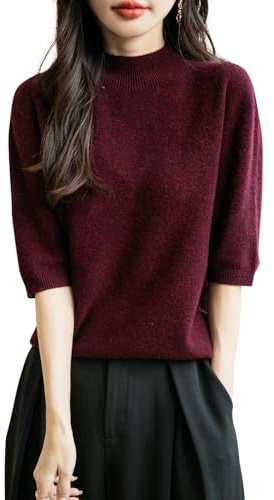 Chanyarn Femme 100% Lain Merino Manches Courtes Pull 2025 Printemps Été Hiver Doux Chaud Col Montant sans Couture Tricot Pull (Dark Red,L)