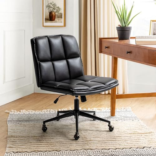 HULALA HOME Moderner Bürostuhl ohne Armlehnen Schneidersitz Stuhl mit veganem Leder und Verstellbarer Höhe Stilvoller Schreibtischstuhl für Arbeitszimmer und Büro, Schwarz