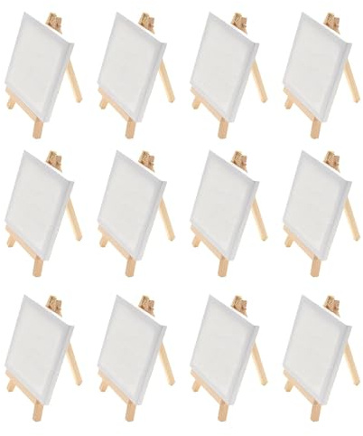 12 Stück Mini Leinwand mit Mini Staffelei 8x8cm/3x3in, Kleine Holz Dreieck Staffelei Leinwände für Malerei zum Zeichnen Hochzeit Dekoration Namensschild