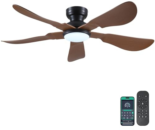 Kviflon 52 Inch Modern Ceiling Fans with Lights, Flush Mount Ceiling Fan with Light and Remote/APP Control, 5 Reversible 6 Speeds Curved Blades, 3 CCT Dimmable Lights for Kids Room, Brown