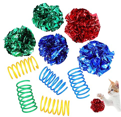 HEMOTON Lot de 10 Set de Jouets pour Chats Intérieur Comprenant 5 Balles Bruissantes Colorées et 5 Jouets à Ressorts Interactifs, Matériaux Sûrs, Tailles Adaptées pour Chatons et Chats