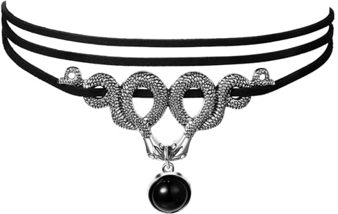 Flongo Collana girocollo a doppio serpente da donna: collana girocollo multistrato in corda in pelle scamosciata, ciondolo a serpente stile gotico, regali di Halloween