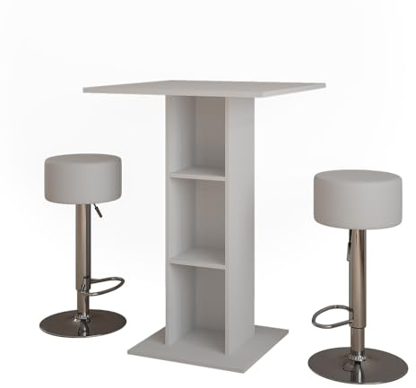 Vicco Set de Mesa de Bar Repose, Blanco, 75 x 75 cm con 2 taburetes de Bar, para Usar como Mesa Alta con estantes Interiores Ajustables en Altura