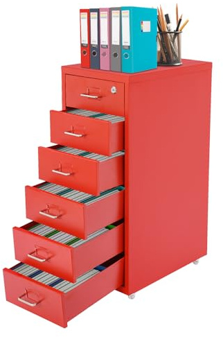 BRRIDE Aktenschrank Abschließbar, Rollcontainer mit 6 Schubladen, Metall Bürocontainer Schubladenschrank Rollschrank Rollwagen, Schmaler Schrank mit Cue-Kartenschlitz für Home-Office (Rot)