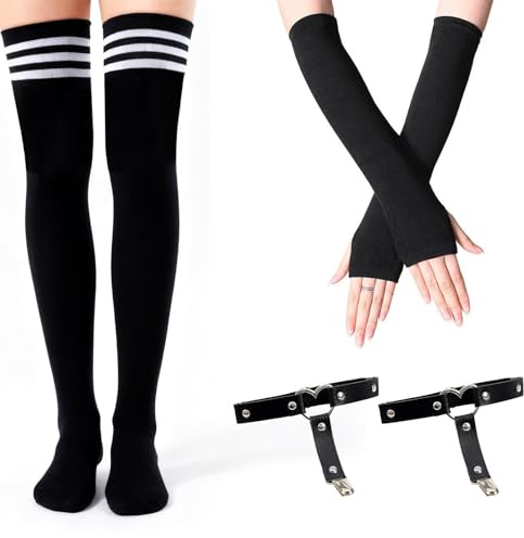 Scettar 1 Paare Damen Lange Fingerlose Handschuhe 1 Paar gestreiften Overknee-Socken 1 Set rosafarbenes Weiß Strumpfgürtel aus Leder für den Alltag Halloween Bälle Rollenspiele mehr