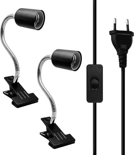 2 Stück E27 Klemmleuchte Lampenfassung, 360° Verstellbarer Schwanenhals, E27 klemmlampe Langes Kabel mit Stecker&Schalter, Lampenfassungen für Tiere Wachsende Pflanze Tischlampe (ohne Glühbirne)